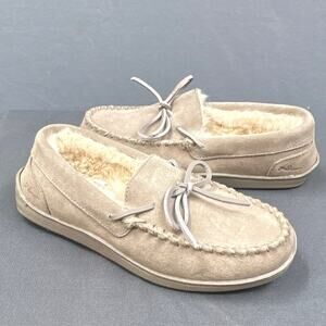 My Pillow My Slippers Womens Size 6 Suede Leather Beige Moccasins Faux Fur Bow